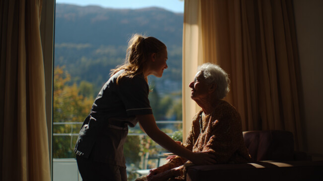 Auxiliaire de santé apportant du soutien à une personne âgée en Suisse
